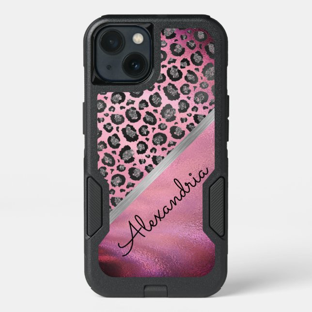  Leopard Print on Glossy Hot Pink Personalized Otterbox iPhone Case (Back)