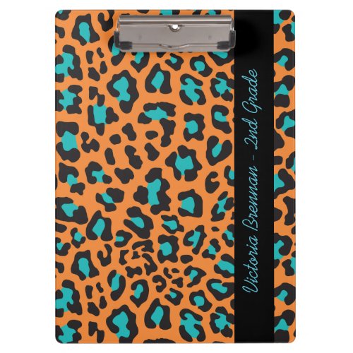 Leopard Print Orange Black Aqua Custom Clipboard