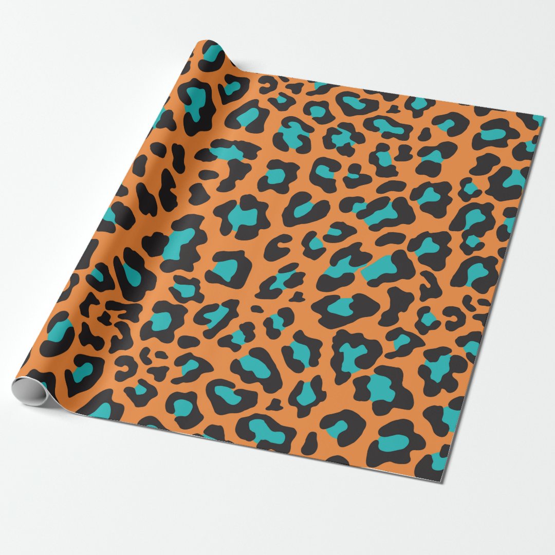Leopard Print Orange, Black, Aqua Wrapping Paper Zazzle