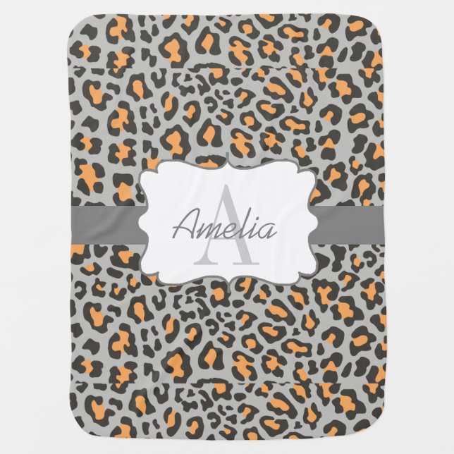 Leopard Print Orange Black Gray Swaddle Blanket (Front)