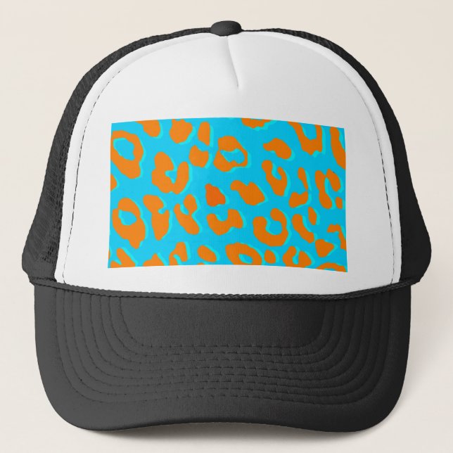 Leopard Print Orange Blue Trucker Hat (Front)