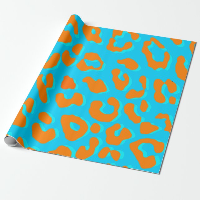 Leopard Print Orange Blue Wrapping Paper (Unrolled)