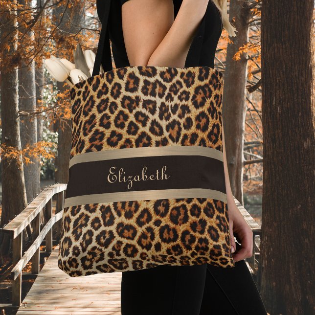 Leopard Print Pattern Brown and Gold Stripe Name Tote Bag (Creator Uploaded)