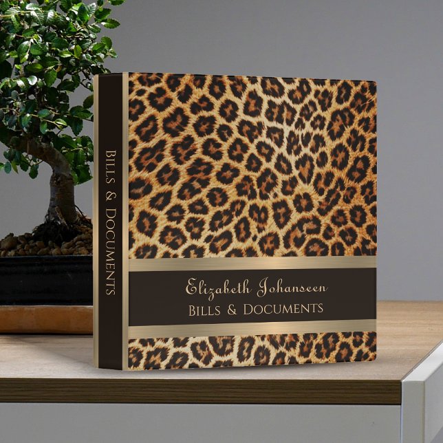 Leopard Print Pattern Brown Gold Foil Stripe Name 3 Ring Binder (Creator Uploaded)