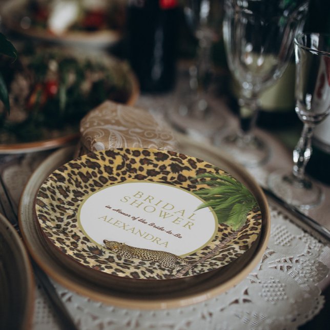 Leopard Print Pattern Elegant Palm Bridal Shower Paper Plates (Creator Uploaded)