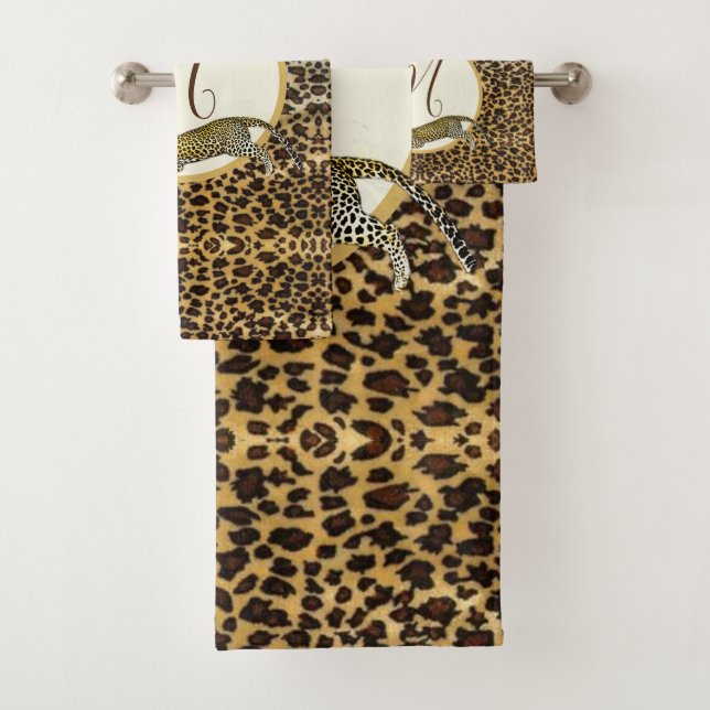 Leopard Print Pattern Elegant Palm Personal Bath Towel Set (Insitu)