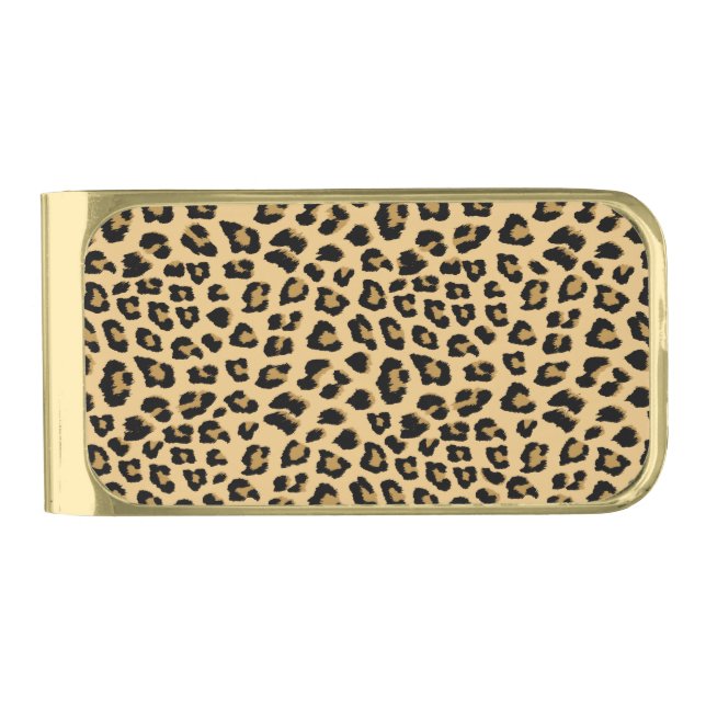 Leopard Print Pattern Gold Finish Money Clip (Front)