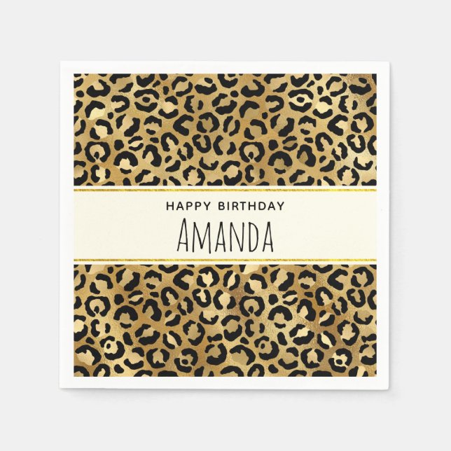 Leopard Print Pattern in Gold and Black Birthday Napkins (Front)