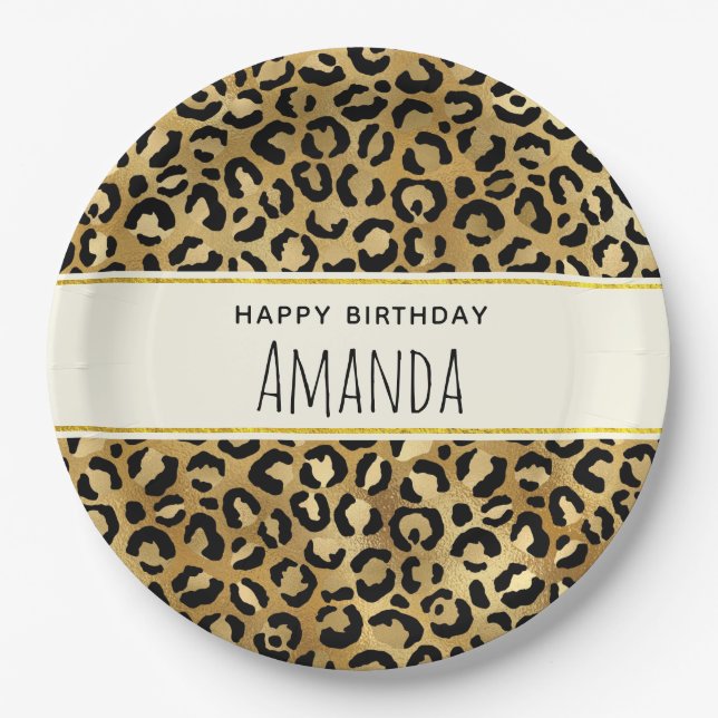 Leopard Print Pattern in Gold and Black Birthday Paper Plates (Front)