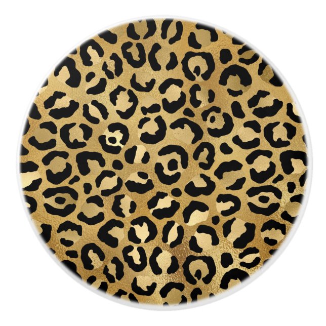 Leopard Print Pattern in Gold and Black Ceramic Knob (Front)