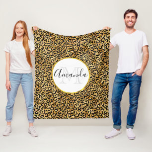 Leopard Print Pattern in Gold and Black Monogram Fleece Blanket