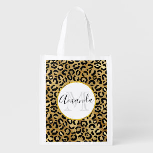Leopard Print Pattern in Gold and Black Monogram Grocery Bag