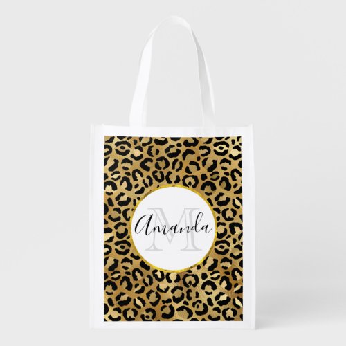 Leopard Print Pattern in Gold and Black Monogram Grocery Bag