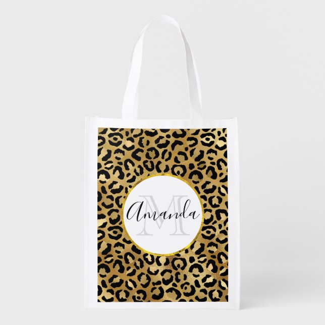 Leopard Print Pattern in Gold and Black Monogram Grocery Bag (Front)