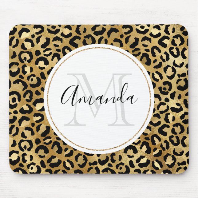 Leopard Print Pattern in Gold and Black Monogram Mouse Pad (Front)