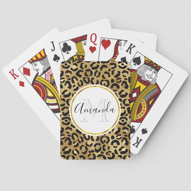 Leopard Print Pattern in Gold and Black Monogram Poker Cards (Back)