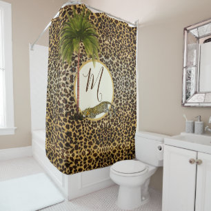 Leopard Print Pattern Palm Tree Elegant Monogram Shower Curtain