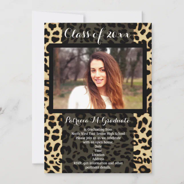 Leopard Graduation Invitations Leopard Print Pattern Ribbon Photo Graduation Invitation | Zazzle