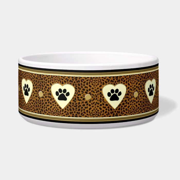 Leopard Print Paws and Hearts Dog Bowl