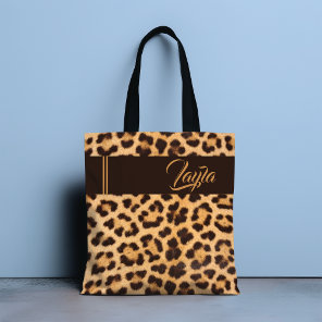 Leopard Print Personalized Gold Script Name Tote Bag