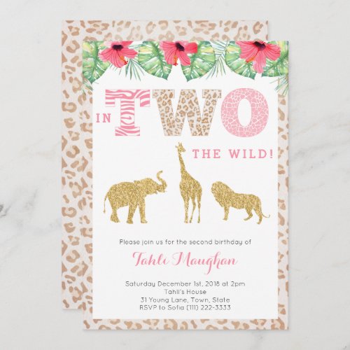 Leopard Print Pink and Gold 2nd Birthday Safari Invitation