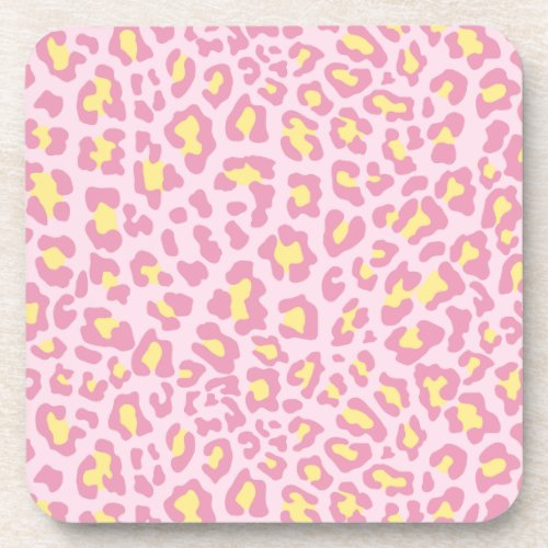 Leopard Print Pink and Yellow Beverage Coaster