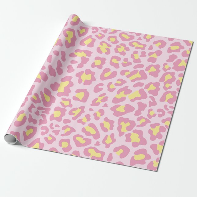 Leopard Print Pink and Yellow Wrapping Paper (Unrolled)