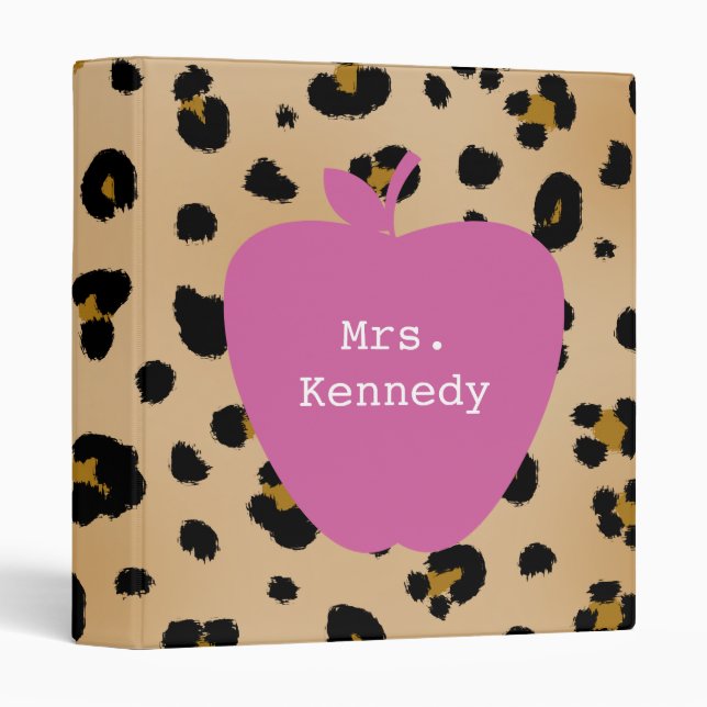 Leopard Print Pink Apple Teacher 3 Ring Binder (Front/Spine)