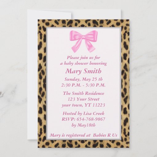 Leopard Print Pink Bow Baby Shower Invitation | Zazzle