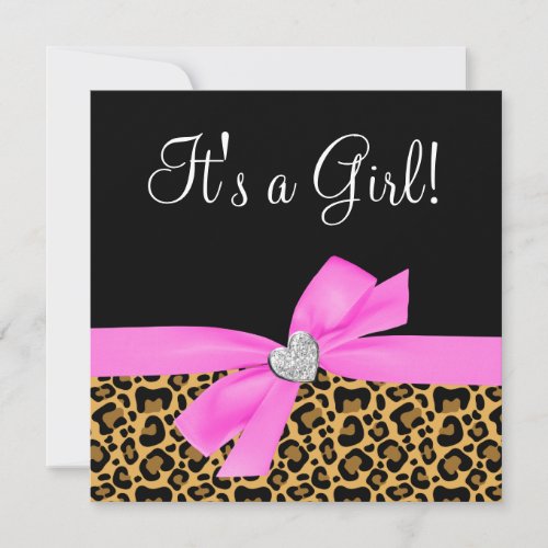 Leopard Print Pink Bow Diamond Girl Baby Shower Personalized Invitations