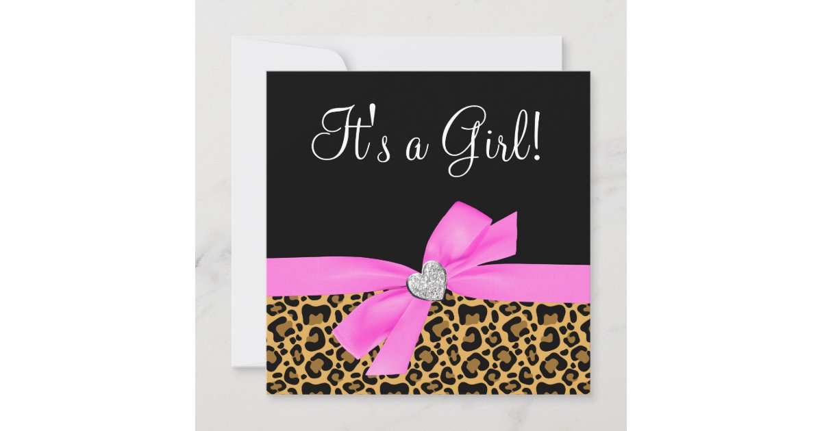 Leopard Print Pink Bow Diamond Girl Baby Shower Invitation Zazzle Com