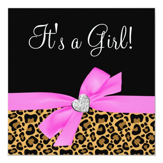 Leopard Print Pink Bow Diamond Girl Baby Shower Invitation ...