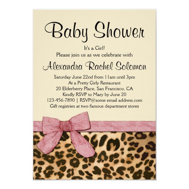 Leopard Print Pink Bow Girl Baby Shower Invitation