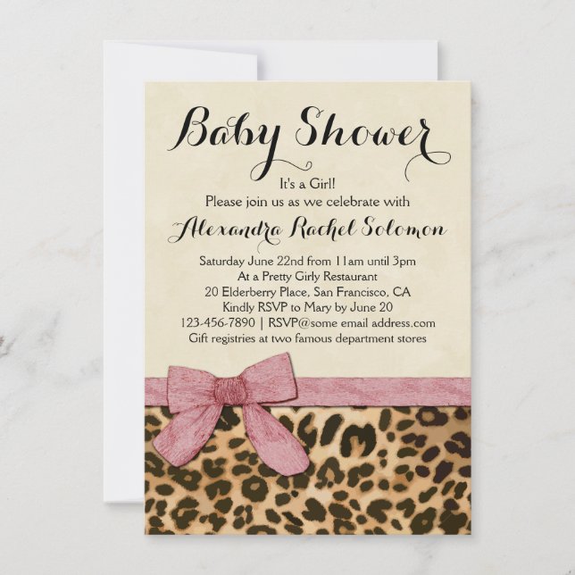 Leopard Print Pink Bow Girl Baby Shower Invitation (Front)