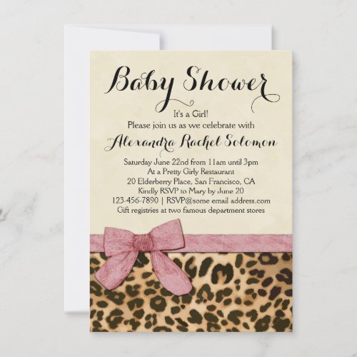 Leopard Print Pink Bow Girl Baby Shower Invitation