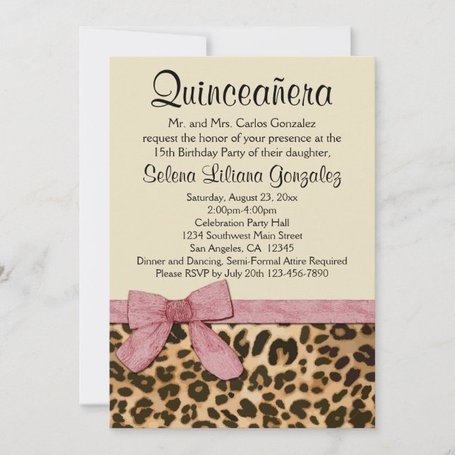 Leopard Print Pink Bow Girl Quinceañera Invitation (Front)
