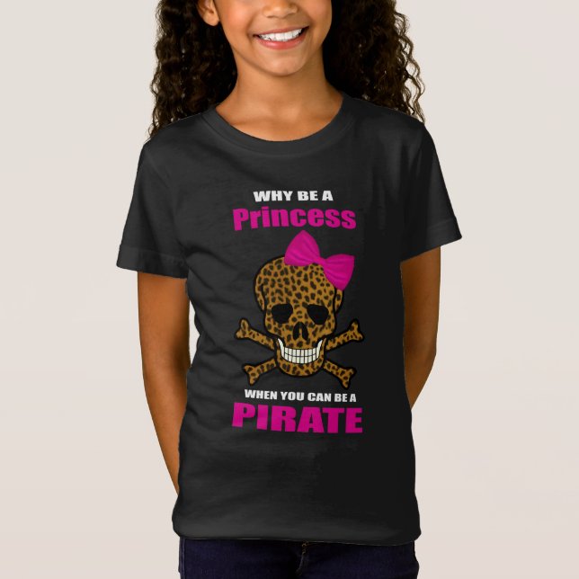 Leopard Print Pink Bow Pirate Princess Skull T-Shirt (Front)