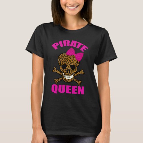 Leopard Print Pink Bow Pirate Queen Skull T_Shirt