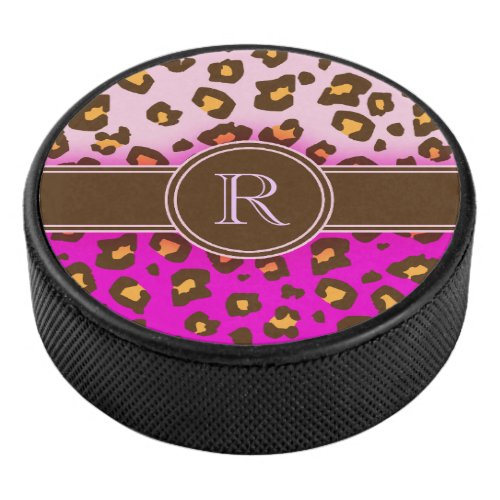 Leopard print pink brown monogram hockey puck