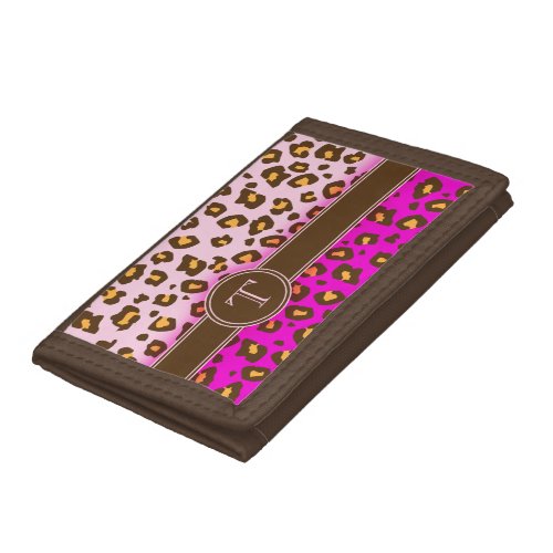 Leopard print pink  brown monogram initial trifold wallet