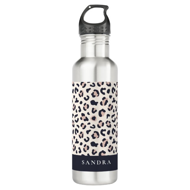 Leopard print pink custom name stainless steel water bottle (Front)