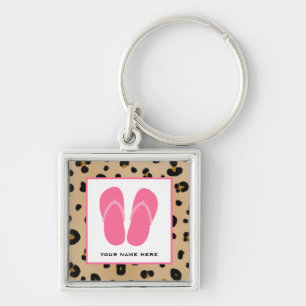Leopard Print & Pink Flip Flops Personalized Keychain