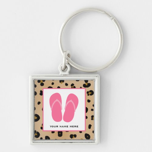 Leopard Print  Pink Flip Flops Personalized Keychain