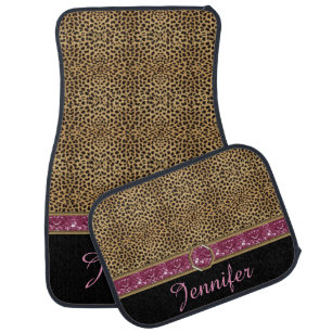 Leopard Print Pink Gemstone Jewel Monogram Car Floor Mat