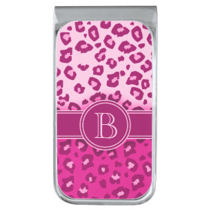 Leopard print pink monogram clip silver finish money clip