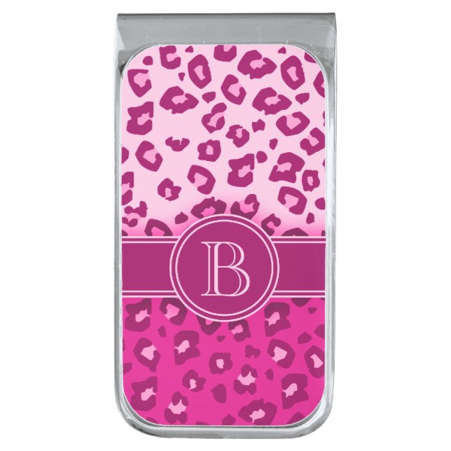 Leopard print pink monogram clip silver finish money clip (Front Vertical)