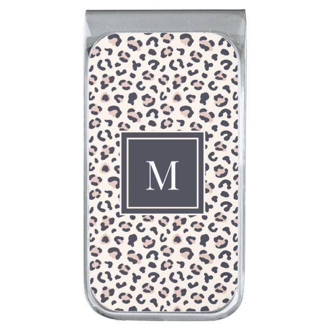 Leopard print pink monogram  silver finish money clip (Front Vertical)