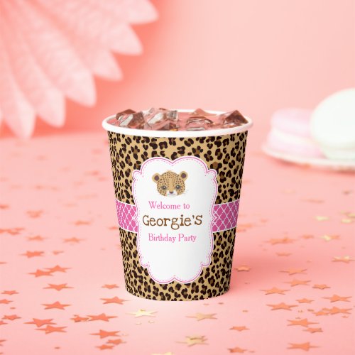 Leopard Print Pink Qua trefoil Birthday Party Paper Cups