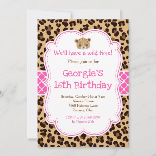 Leopard Print Pink Quatre foil Birthday Party Invitation