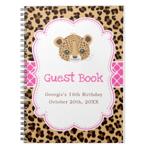 Leopard Print Pink Quatrefoil Birthday Guest Book